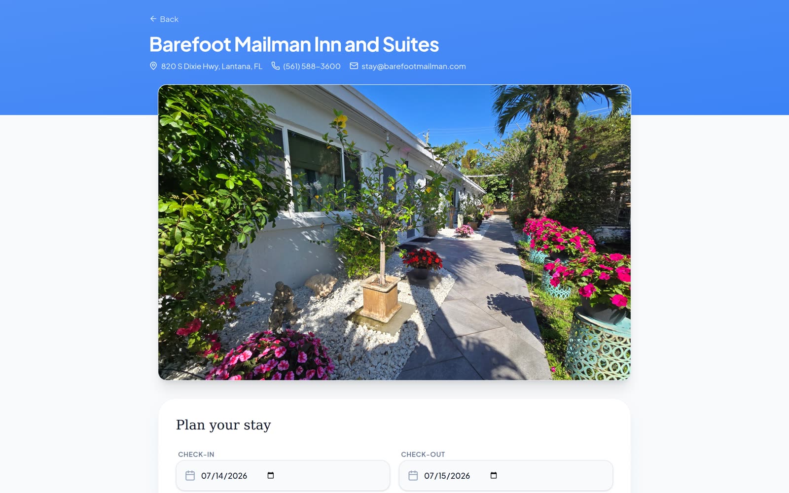 A hotel's own direct booking website built by Dream AIOS, with room photos, dates and instant online payment