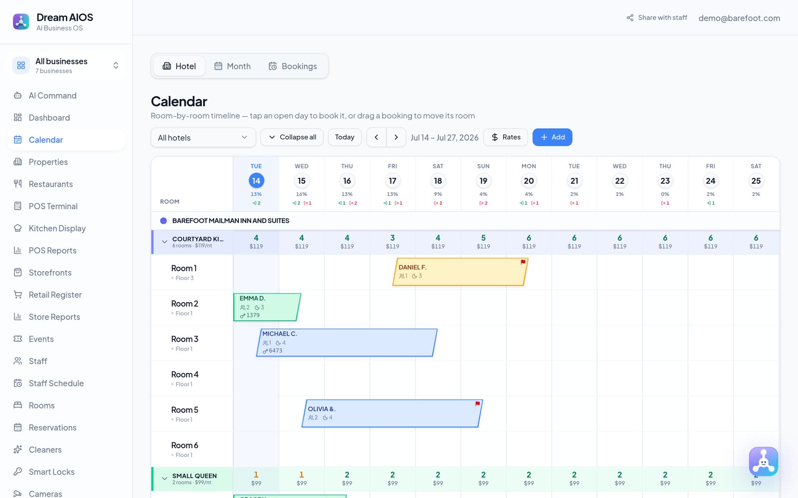 Dream AIOS reservation calendar showing a drag-and-drop timeline of rooms and bookings across a property