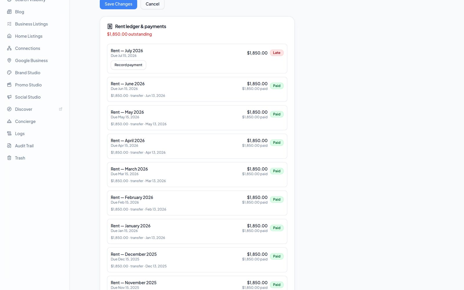 Dream AIOS rent ledger showing monthly rent periods marked paid with recorded payments and one period due