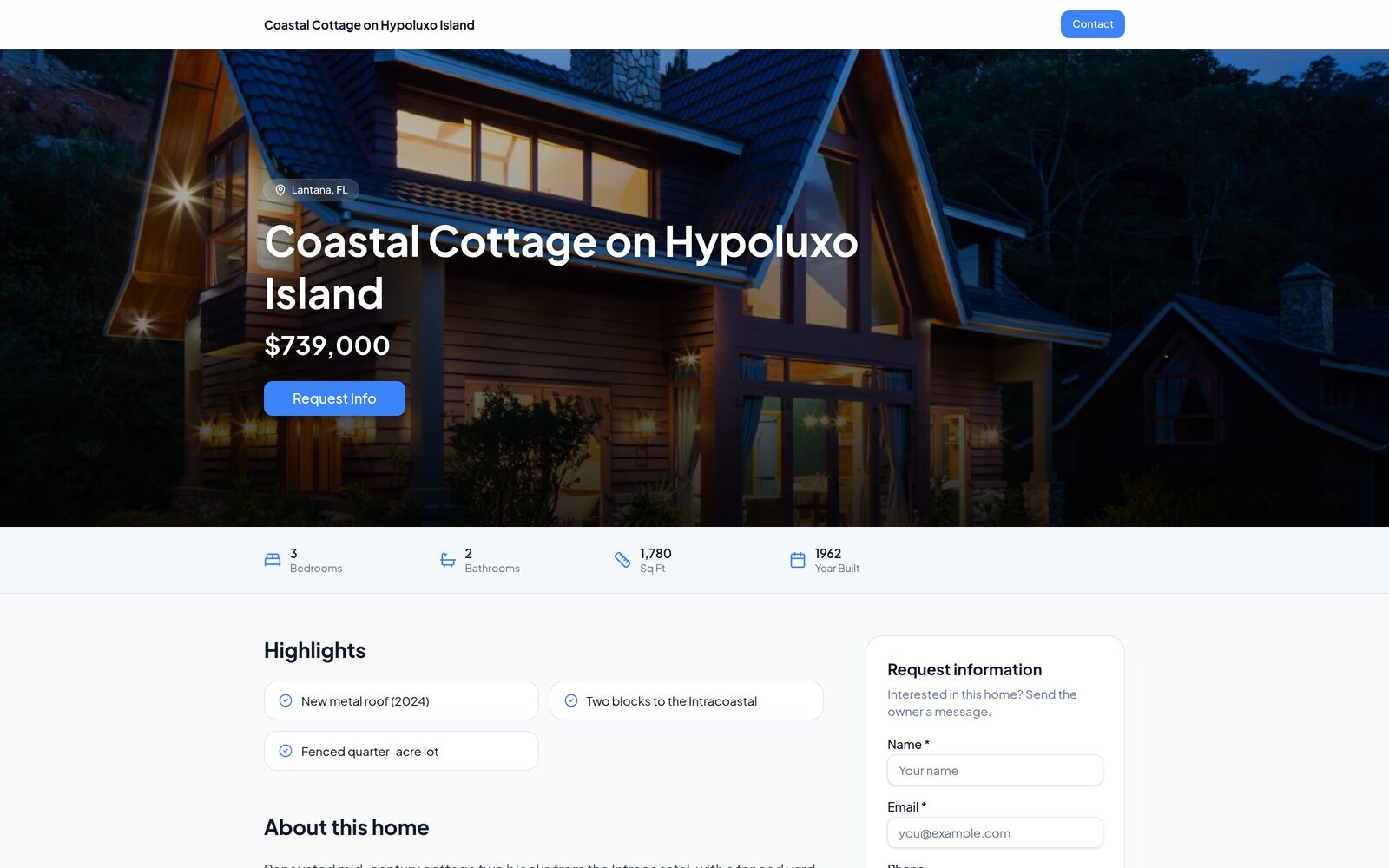 A home-for-sale listing page built by Dream AIOS with photos, price, highlights and an inquiry form