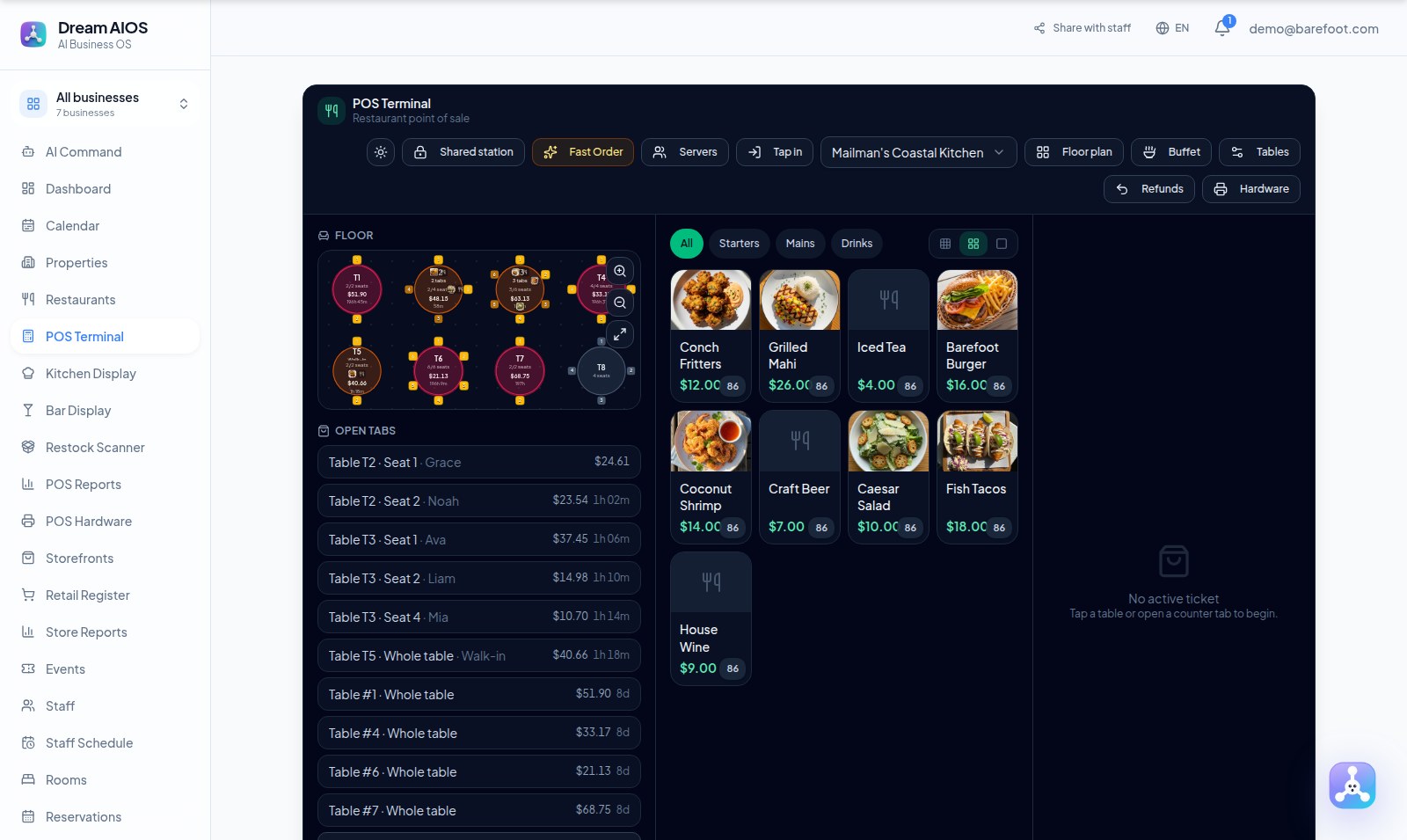 Dream AIOS POS terminal showing a restaurant floor plan with tables and open tabs