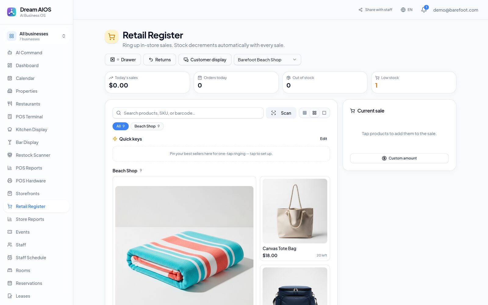 Dream AIOS retail register showing a product grid with photos, quick keys and a current sale panel