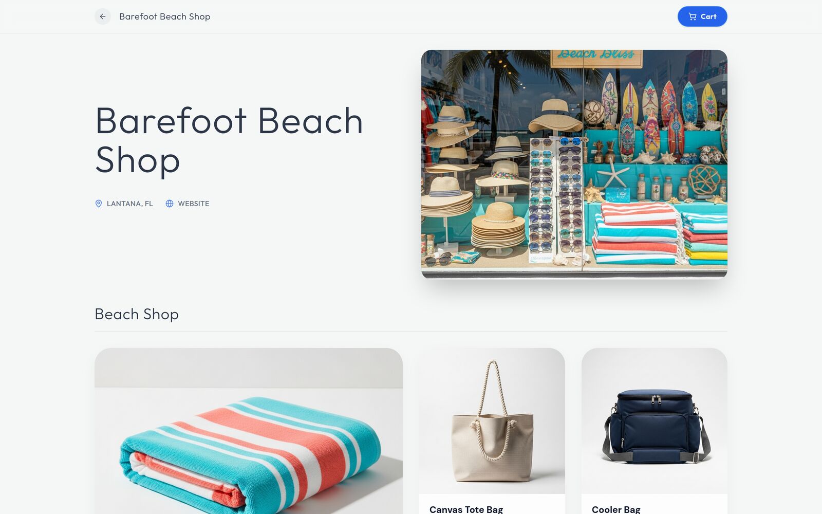 An online storefront built by Dream AIOS showing a beach shop's products with photos and a cart